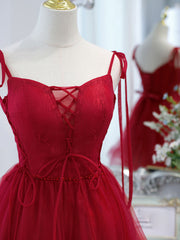 Cute Burgundy Tulle Lace Short Prom Dress, Lace Burgundy Puffy Homecoming Dress