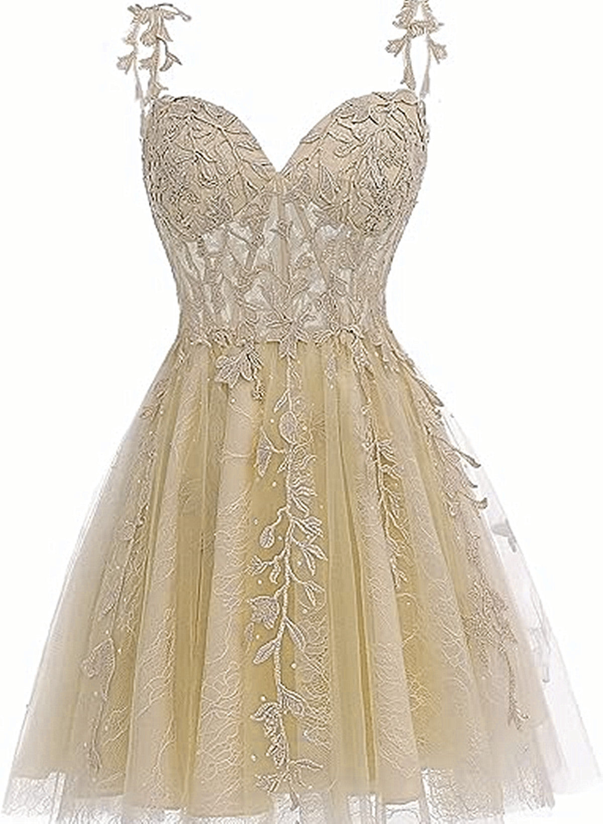 Cute Champagne Tulle Short Lace Homecoming Dress, Sweetheart Knee Length Party Dress