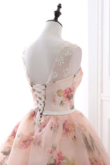 Cute Floral Long Prom Dress with Lace,  A-Line Scoop Neckline Party Dress