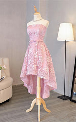 Cute Pink High Low Lace Scoop Homecoming Dress, Pink Short Prom Dress