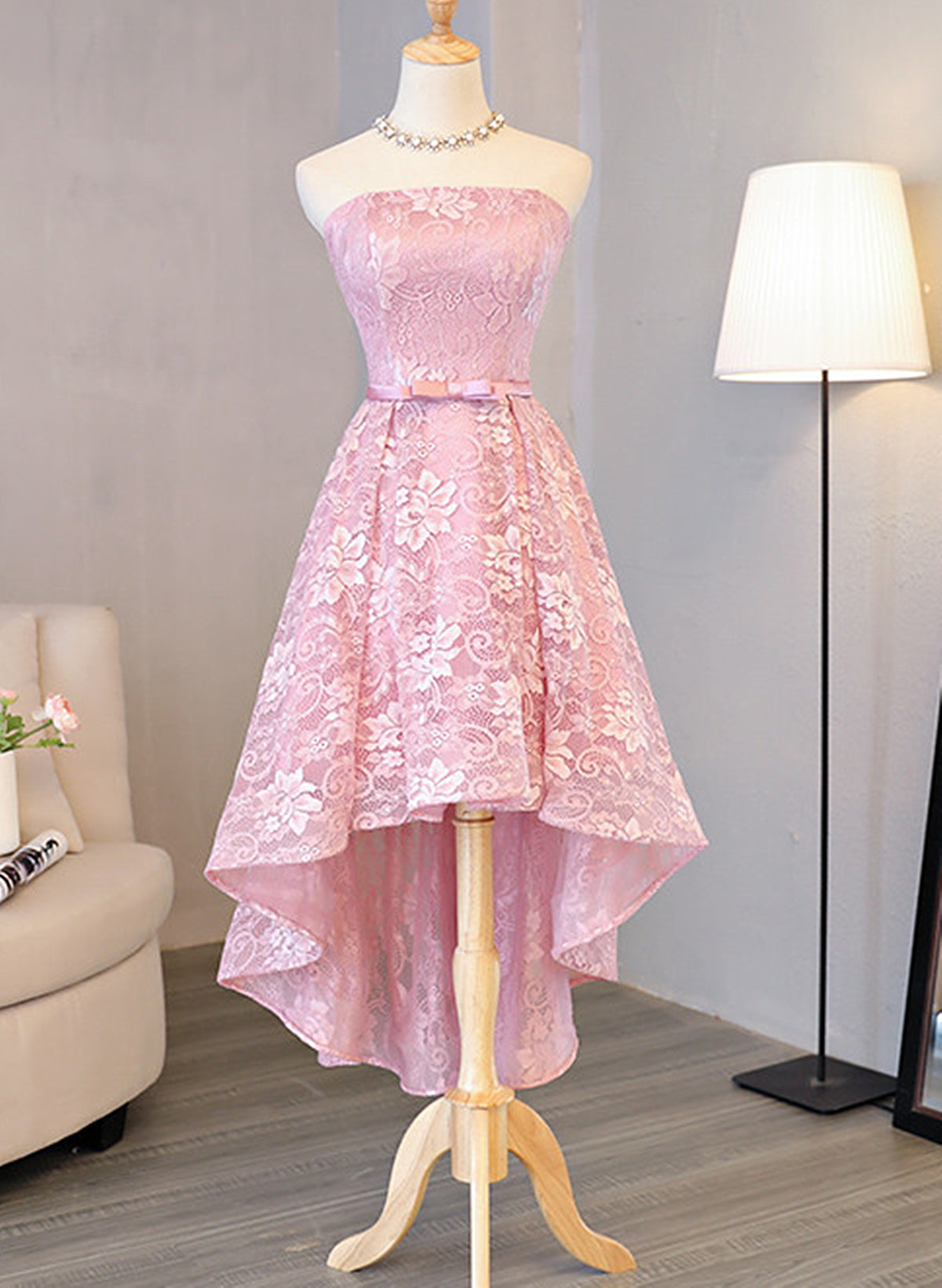 Cute Pink High Low Lace Scoop Homecoming Dress, Pink Short Prom Dress