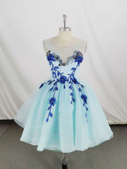 Cute Round Neck Tulle Lace Short Prom Dress, Blue Homecoming Dress