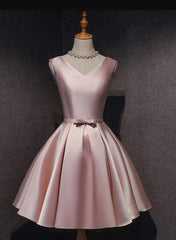 Cute Short Satin Pink V-neckline Knee Length Party Dress, Pink Prom Dress Homecoming Dress