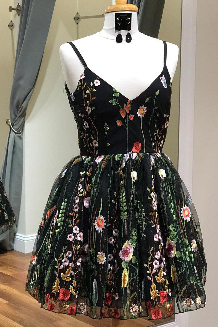 Cute Straps Embroidered Black Floral Homecoming Dress