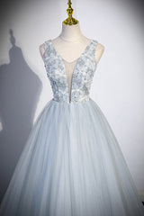 Cute V-Neck Tulle Long Prom Dress, Gray Evening Dress Party Dress