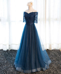 Dark Blue Lace Tulle Long Prom Dress, Lace Evening Dress