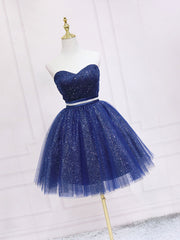 Dark Blue Sweetheart Neck Tulle Sequin Short Prom Dress Blue Puffy Homecoming Dress