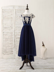 Dark Blue Tulle Lace Applique High Low Prom Dresses