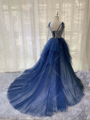 Dark blue tulle lace long prom dress, blue tulle formal dress