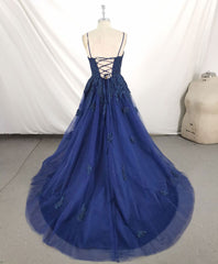 Dark Blue V Neck Tulle Lace Long Prom Dress Blue Lace Bridesmaid Dress