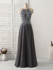 Dark Gray Sequin Beads Long Prom Dress Backless Evening Dress