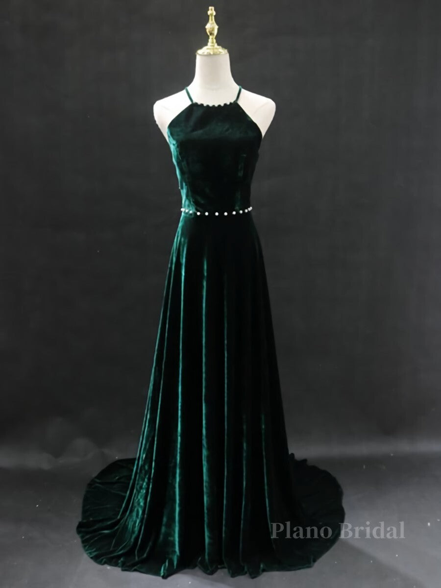 Dark Green Backless Long Prom Dresses, Dark Green Long Formal Evening Bridesmaid Dresses