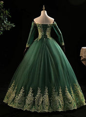 Dark Green Sleeves with Gold Lace Sweet 16 Dress, Dark Green Long Formal Dress