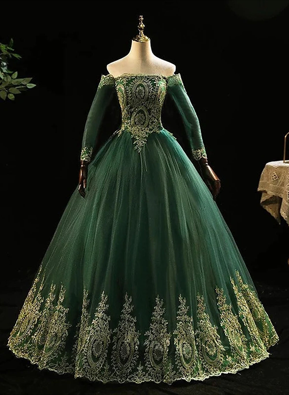 Dark Green Sleeves with Gold Lace Sweet 16 Dress, Dark Green Long Formal Dress