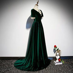 Dark Green Velvet Short Sleeves A-line Bridesmaid Dresses, A-line Wedding Party Dress Prom Dress