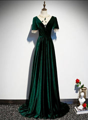 Dark Green Velvet Short Sleeves A-line Bridesmaid Dresses, A-line Wedding Party Dress Prom Dress