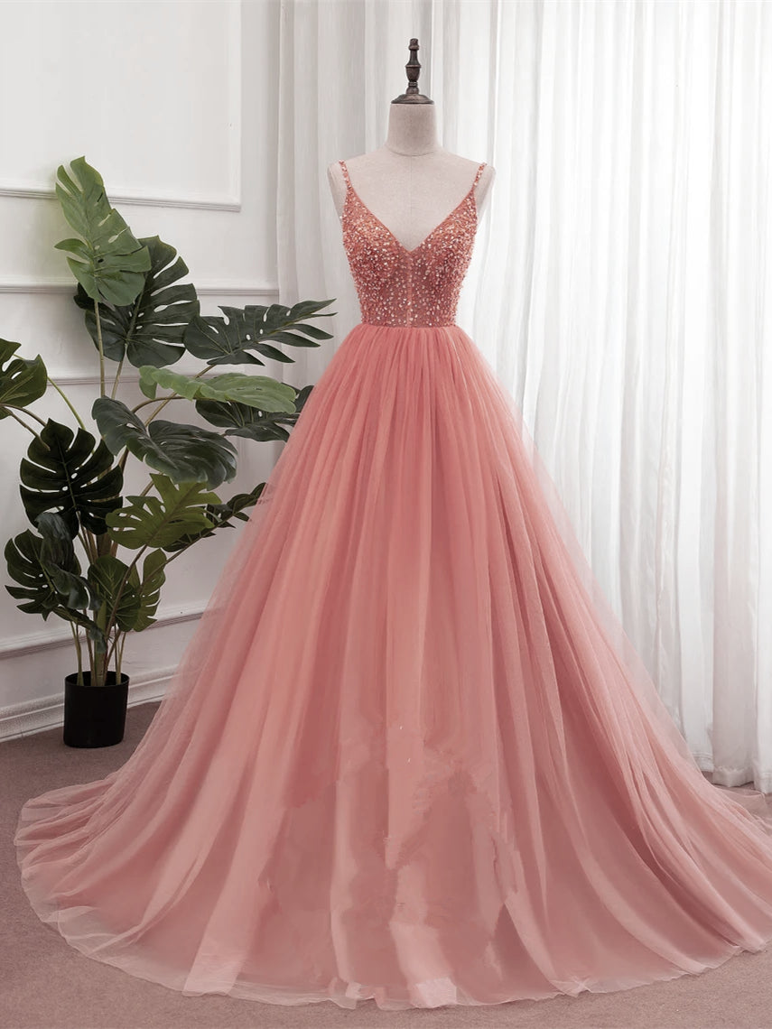 Dark Pink Sequins V-neckline Straps Long Evening Dress, Tulle Pink Prom Dress