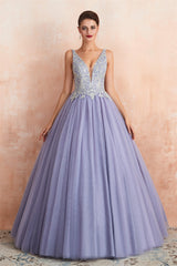 Deep V Neck Beaded Tulle Lavender Prom Dresses