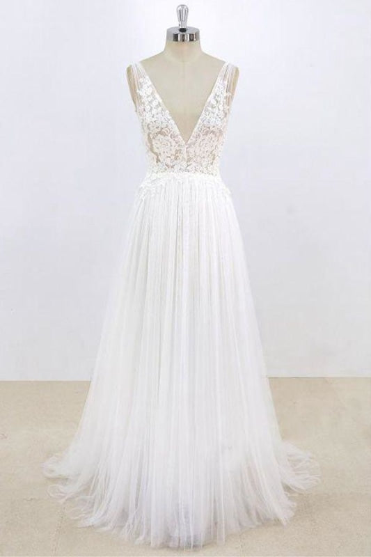 Deep V-neck Lace A-line Tulle Wedding Dress