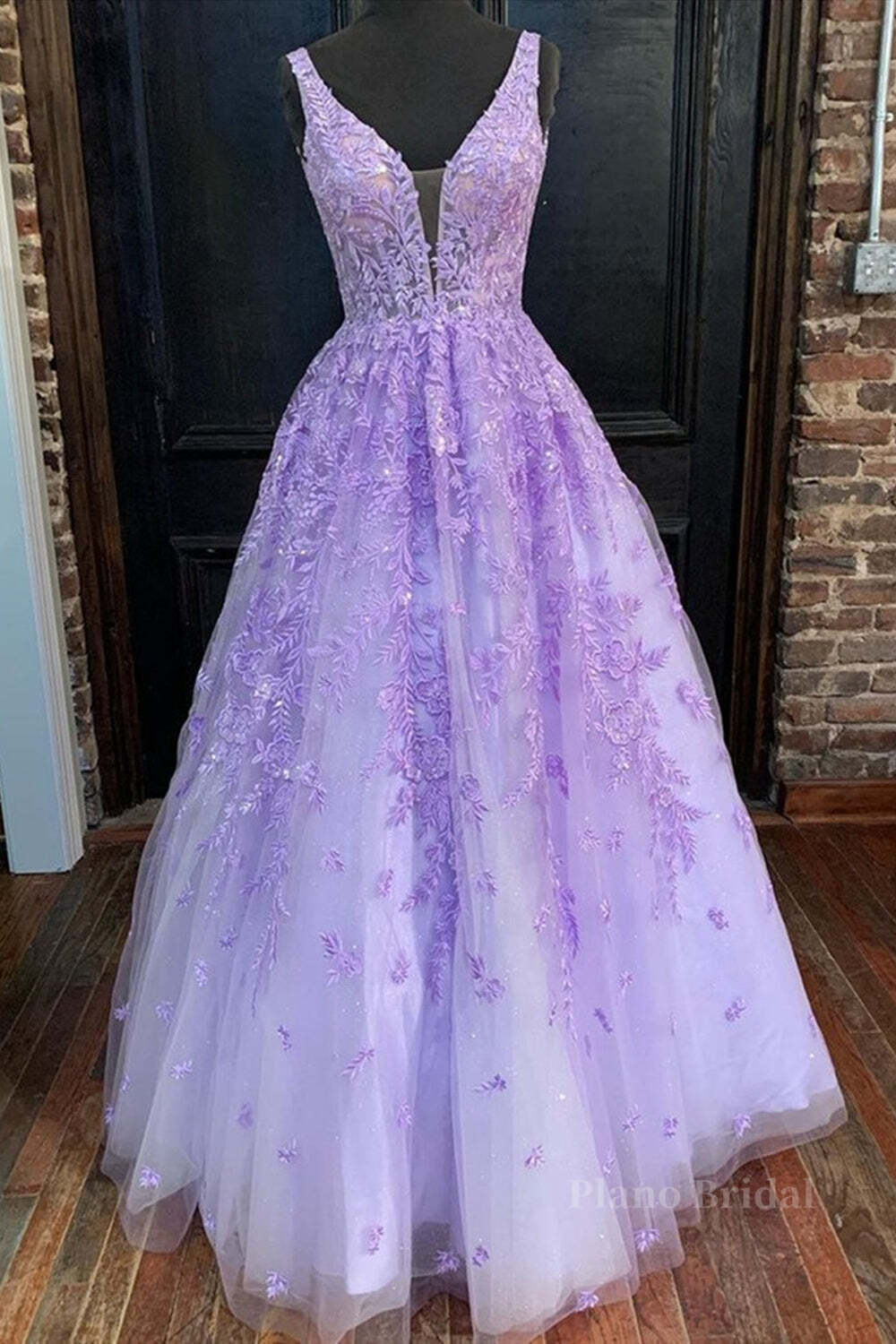 Deep V Neck Purple Lace Long Prom Dresses, Purple Lace Formal Dresses, Purple Evening Dresses