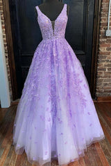 Deep V Neck Purple Lace Long Prom Dresses, Purple Lace Formal Dresses, Purple Evening Dresses