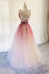 Burgundy V Neck Tulle Sequin Long Prom Dress, Burgundy Evening Dress