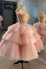 A-line Pink Tulle Short Dress Pink Tulle Homecoming Dress