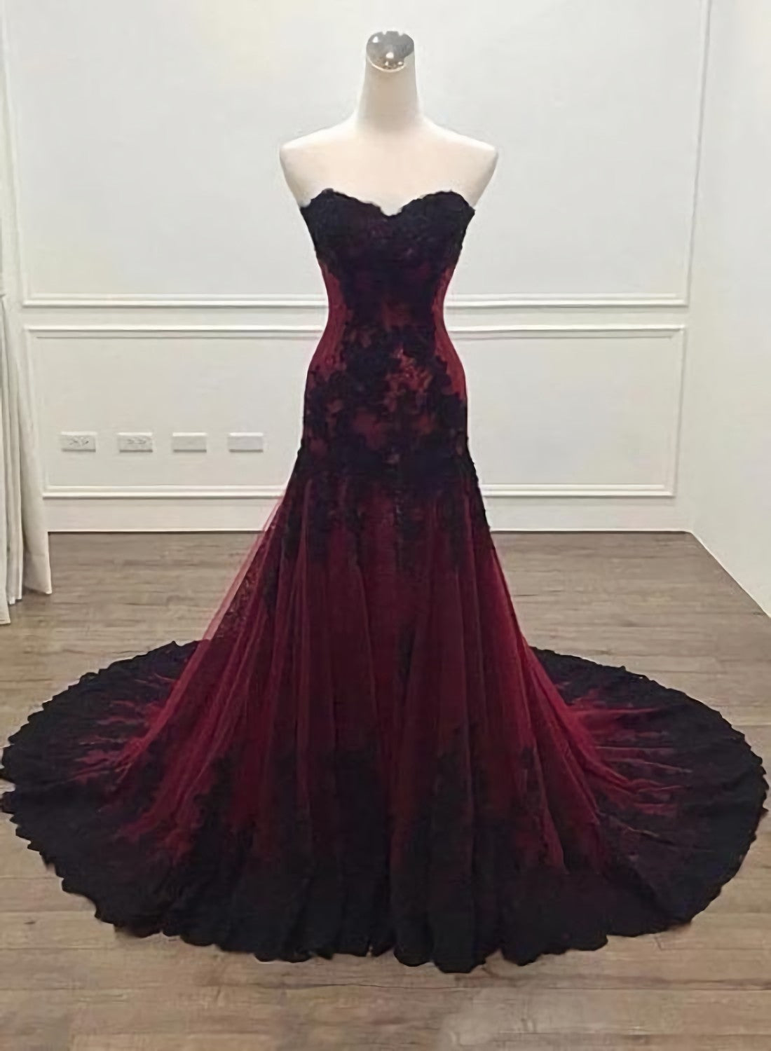 Black And Red Sweetheart Tulle With Lace Glam Evening Gown Party Dress, Long Formal Dress