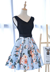 Cute V-Neck Floral Prom Dresses, A-Line Homecoming Dresses