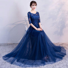 Blue Tulle Lace Long Prom Dress, Lace Evening Dress