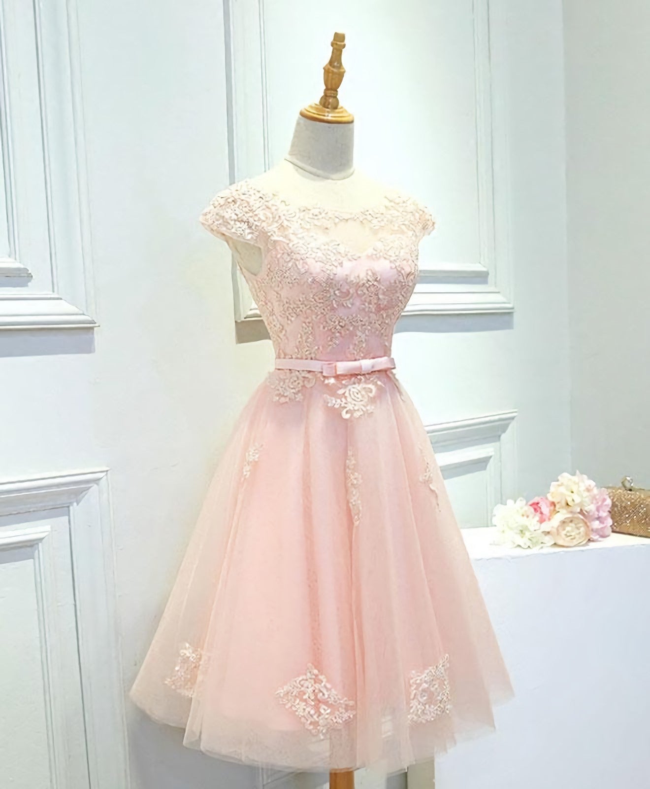 Pink Lace Tulle Short Prom Dress, Pink Evening Dress