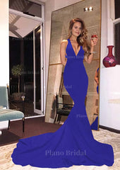 Elastic Satin Court Train Trumpet Mermaid Sleeveless V Neck Zipper Prom Dress