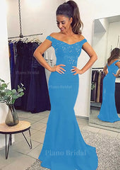 Elastic Satin Prom Dress Trumpet Mermaid Off The Shoulder Sweep Train With Lace