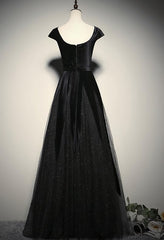 Elegant Black Velvet Cap Sleeves Evening Dress, Black Prom Dress