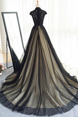 Elegant High Neck Swee Train Rhinestone Prom Dress, Black Formal Dress