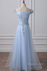 Elegant Off Shoulder Long Sky Blue Lace Prom Dress, Off Shoulder Sky Blue Formal Dress, Sky Blue Lace Evening Dress