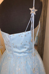 Elegant Spaghetti Straps A-Line Light Sky Blue Tulle Formal Dresses