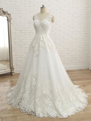 Elegant V-Neck Lace Ball Gown Wedding Dresses