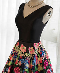 Black V Neck Floral Patterns Long Prom Dress, Black Evening Dress