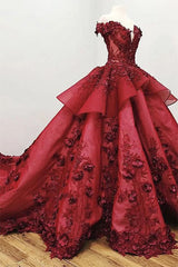 Ball Gown Off the Shoulder Prom Dress with Beading, Puffy Long Quinceanera Dress