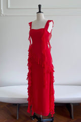 Square Neck Red Ruffle Chiffon Long Party Dress