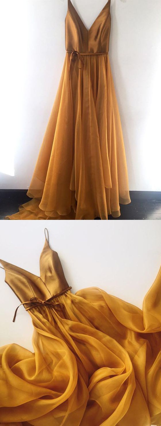 Spaghetti Strap A Line V Neck Gold Formal Cheap Long Prom Dresses