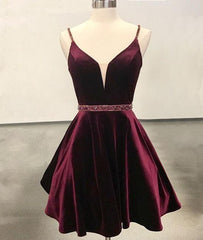 Simple V Neck Velvet Short Burgundy Prom Dress