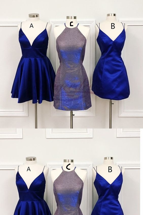 Spaghetti Strap V Neck Royal Blue Short Homecoming Dresses