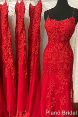 Red Lace Prom Dresses, Mermaid Long Prom Dresses, Cheap Evening Party Dresses, For Women