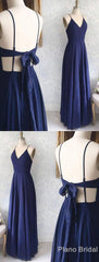 Great Evening Dresses, Backless Sexy Spaghetti Straps Backless Navy Blue Chiffon A Line Floor Length Prom Dress