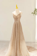 Gold V-Neck Sequins Long Prom Dress, Shiny A-Line Evening Formal Dress