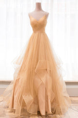 Gold V-Neck Tulle Long Prom Dress, A-Line Evening Dress