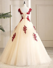 Gorgeous Champagne Tulle Long Sweet 16 Dress with Red Lace, Formal Gown