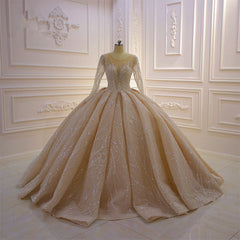 Gorgeous Long Ball Gown Bateau Crystal Wedding Dress with Sleeves